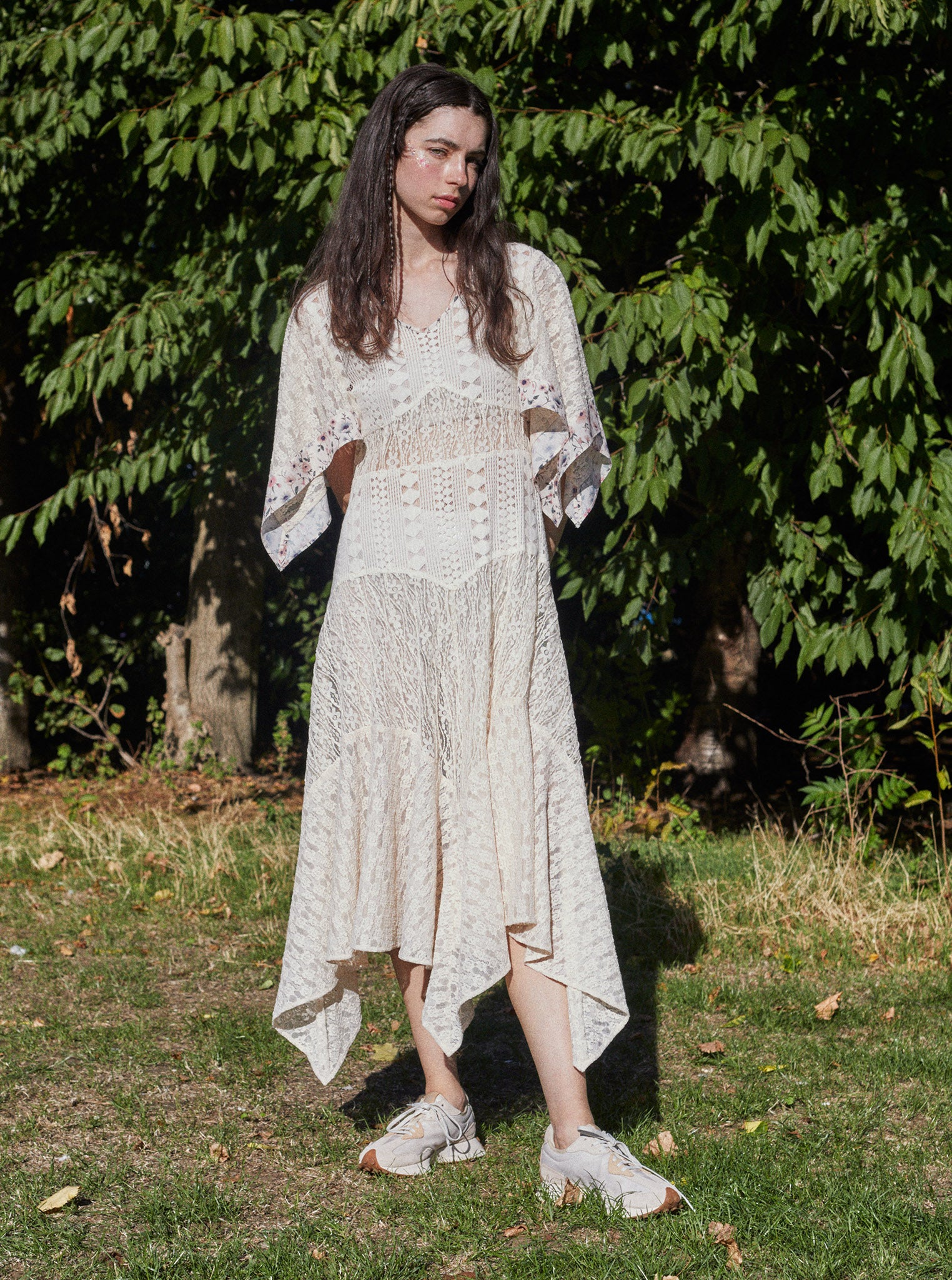 handkerchief lace dress Guipure Lace Dress with Bell Sleeves and Handkerchief Hem