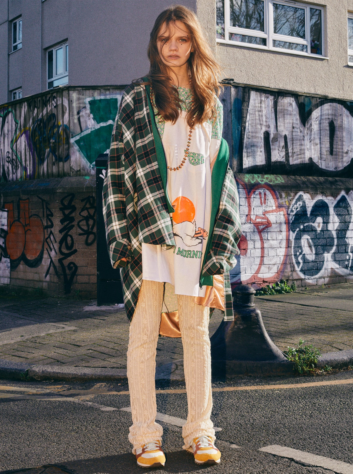 Vinti Andrews Oversize Shirt Jacket with Hood Green Plaid