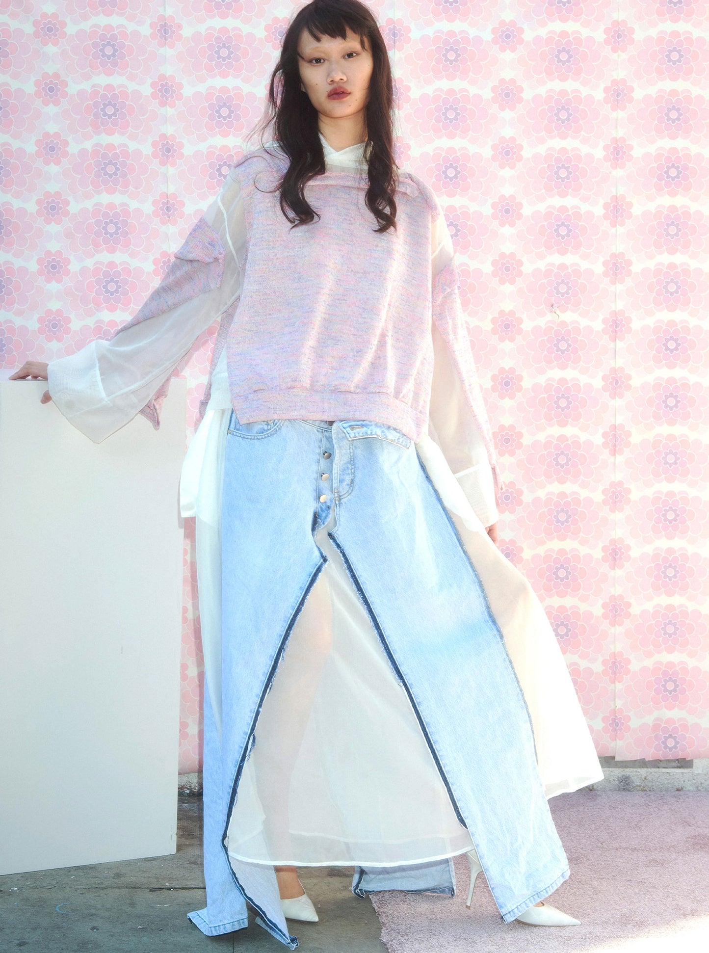 Vinti Andrews Pink Knit Organza Crop Hoody