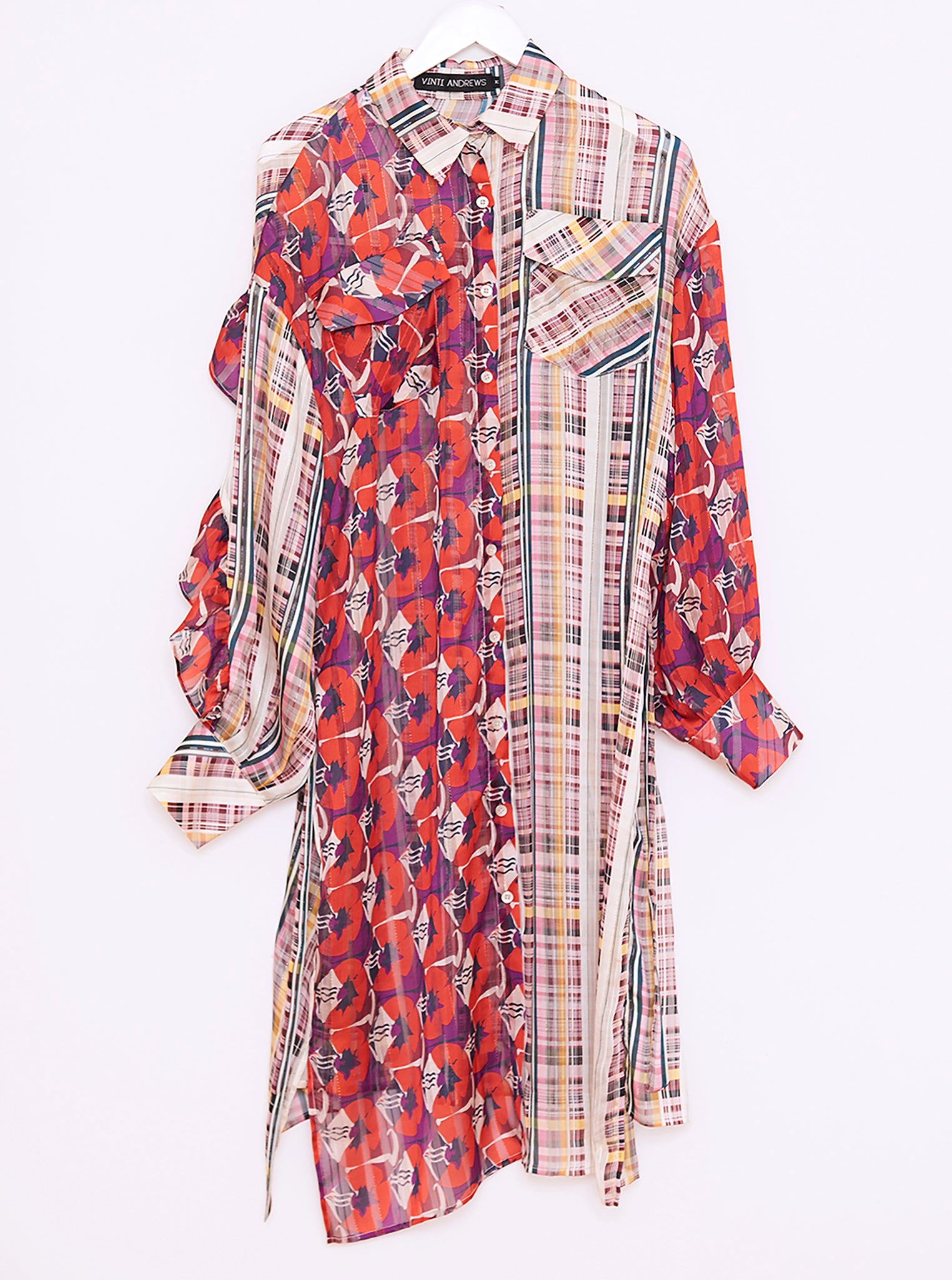 Vinti Andrews Floral and Stripes Organza Shirt Dress