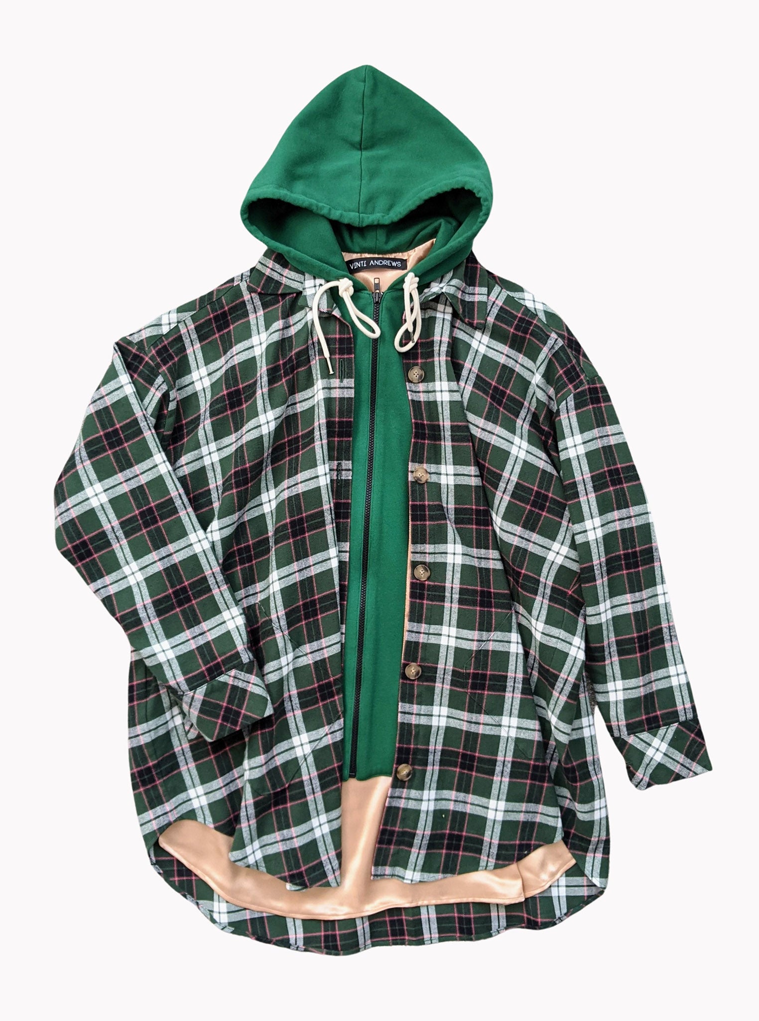 Vinti Andrews Oversize Shirt Jacket with Hood Green Plaid