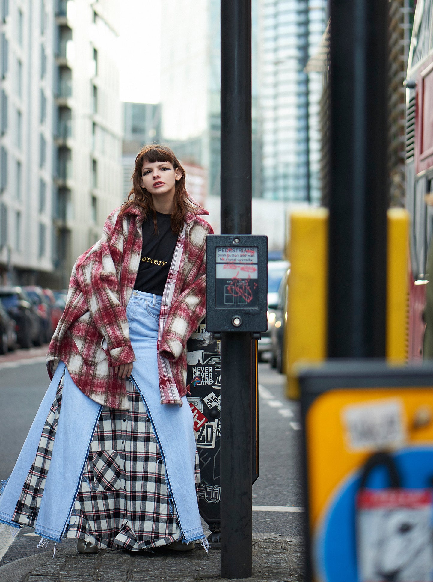 Vinti Andrews Plaid Shirt Jean Skirt